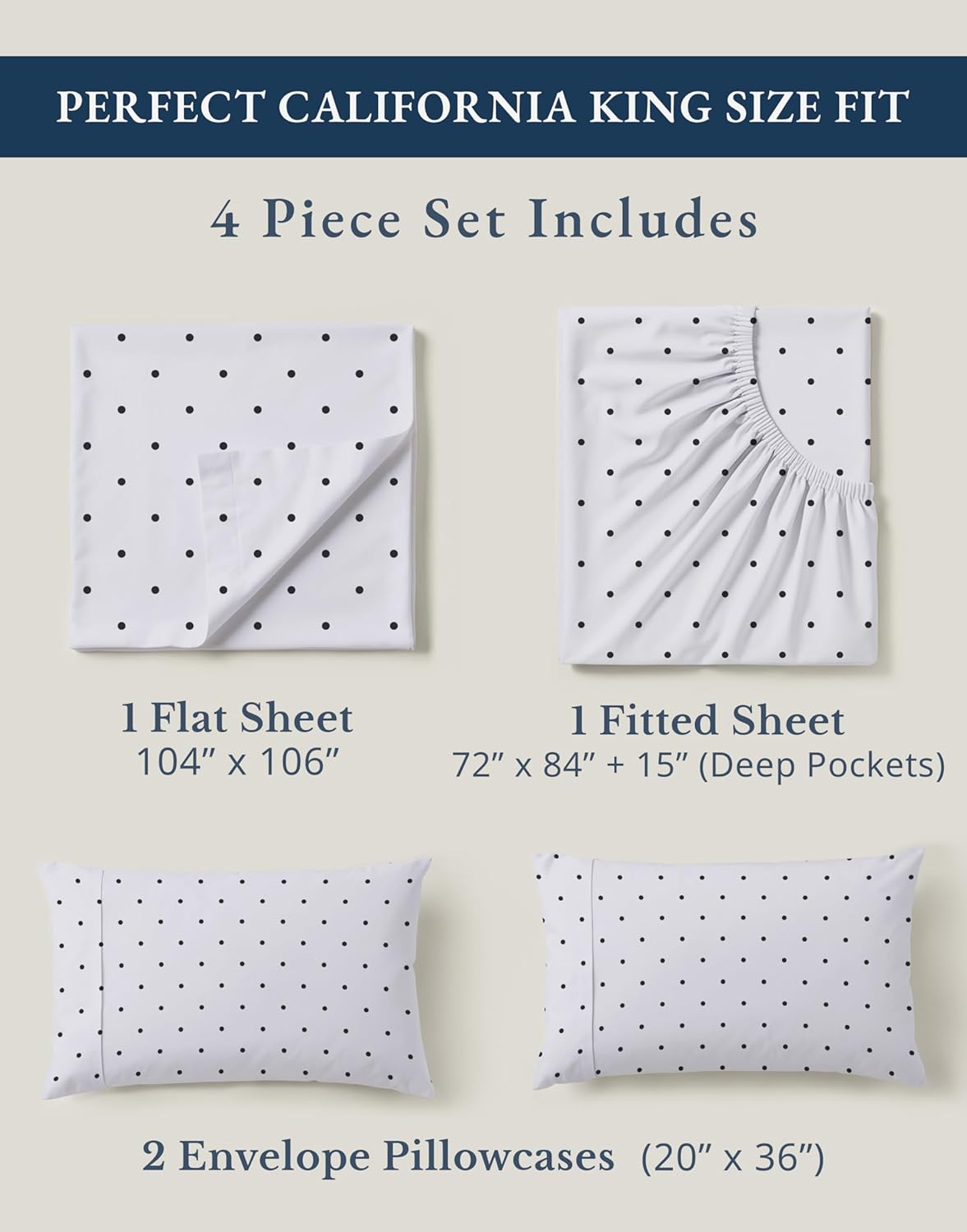 LANE LINEN 100% Organic Cotton Printed California King Sheets Set, Fully Elasticized Reinforsed Seams in Fitted Pocket, Naturally Cooling All Season Cal King Sheet Deep Pocket Bedding- Polka Dot