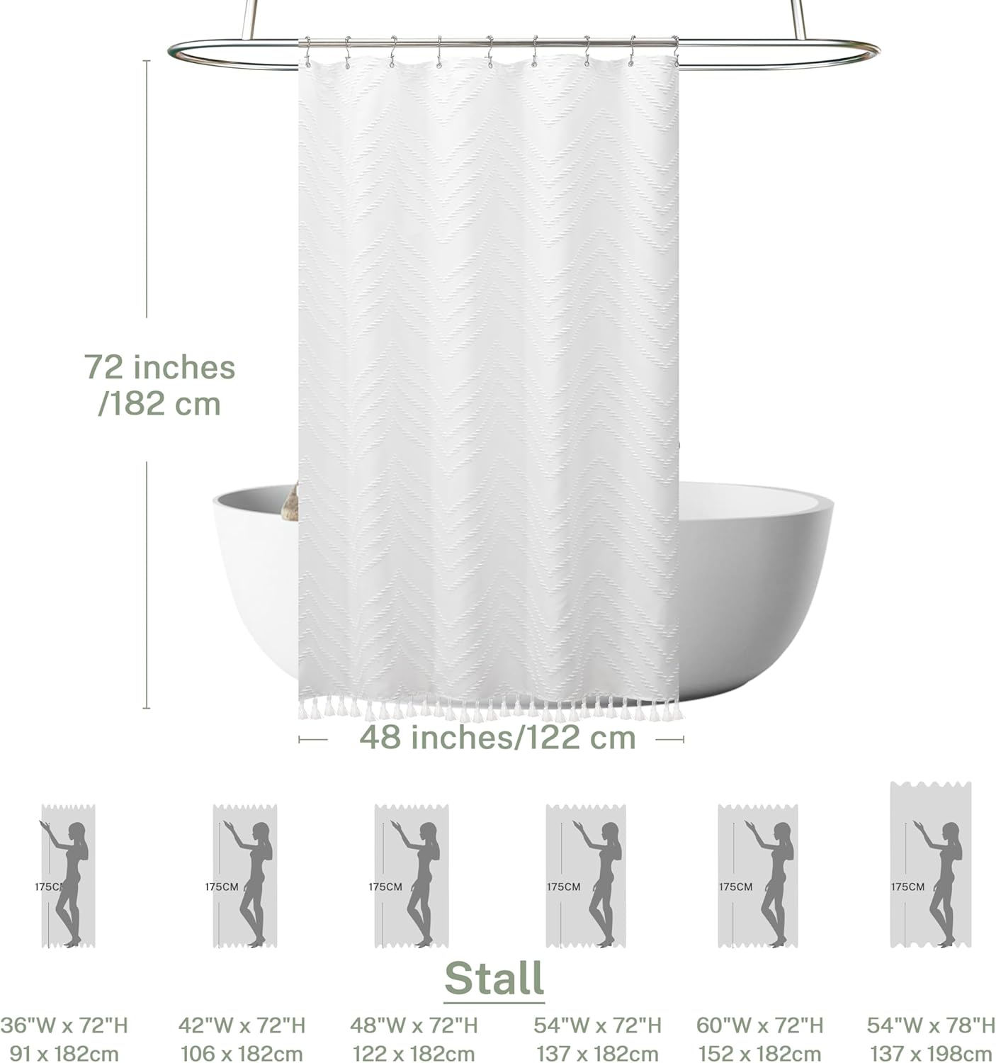Stall Boho Woven Fabric Shower Curtain - White Tassel, 48 x 72, Modern Farmhouse Textured Tufted Chevron Striped Minimalist Bathroom Curtain