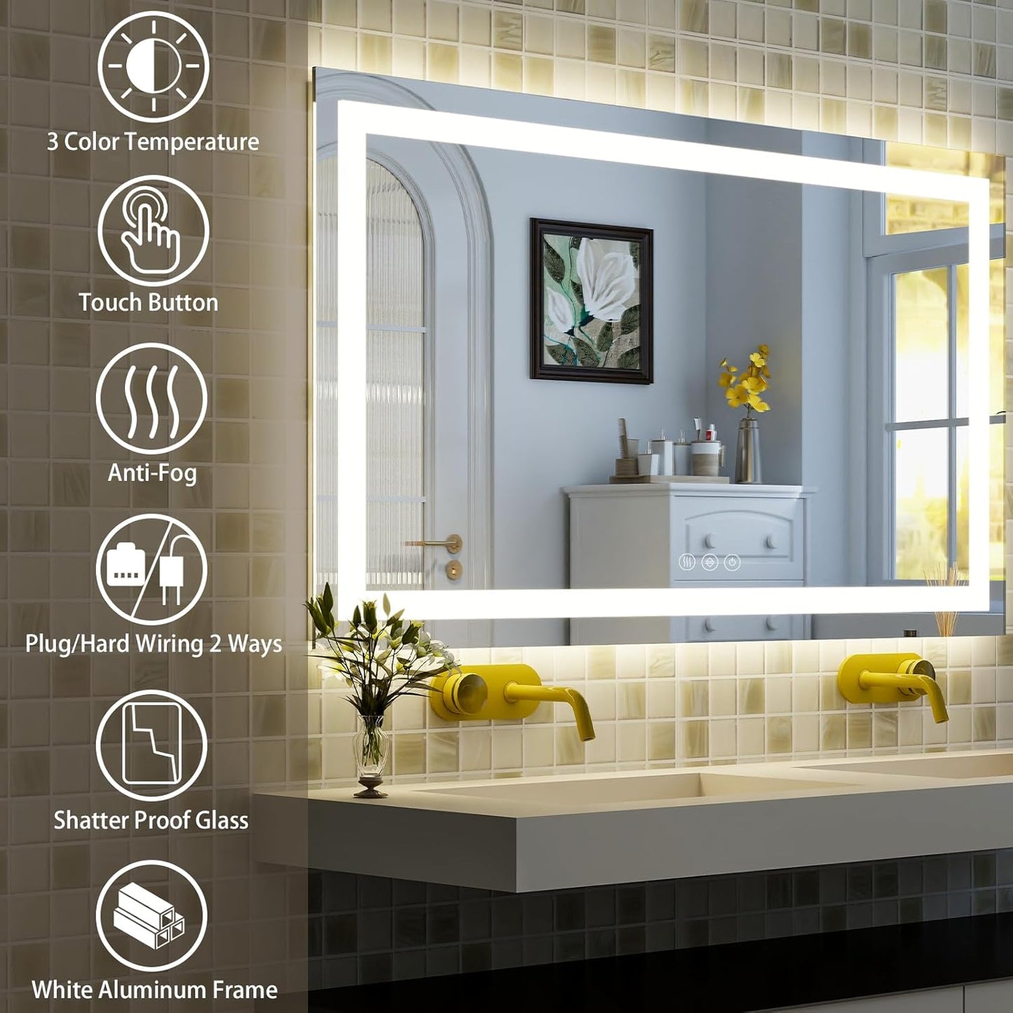 36"x 48"LED Bathroom Mirror, Backlit + Front Lit, LED Bathroom Mirror with Lights for Wall, 3 Colors, Anti-Fog, Dimmable Brightness, Memory Function, Tempered Glass
