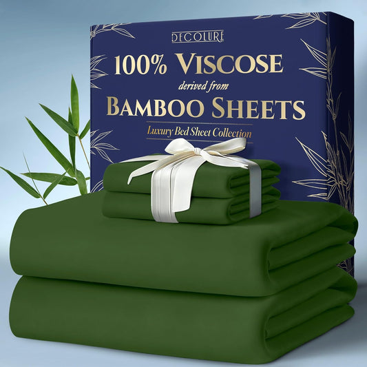 DECOLURE 100% Viscose Derived from Bamboo Sheets King Size 4pcs - Ultra Soft & Luxuriously Cooling, 17" Deep Pocket, Double Stitching, Perfect for Hot Sleepers - King Bed Sheets (Olive)