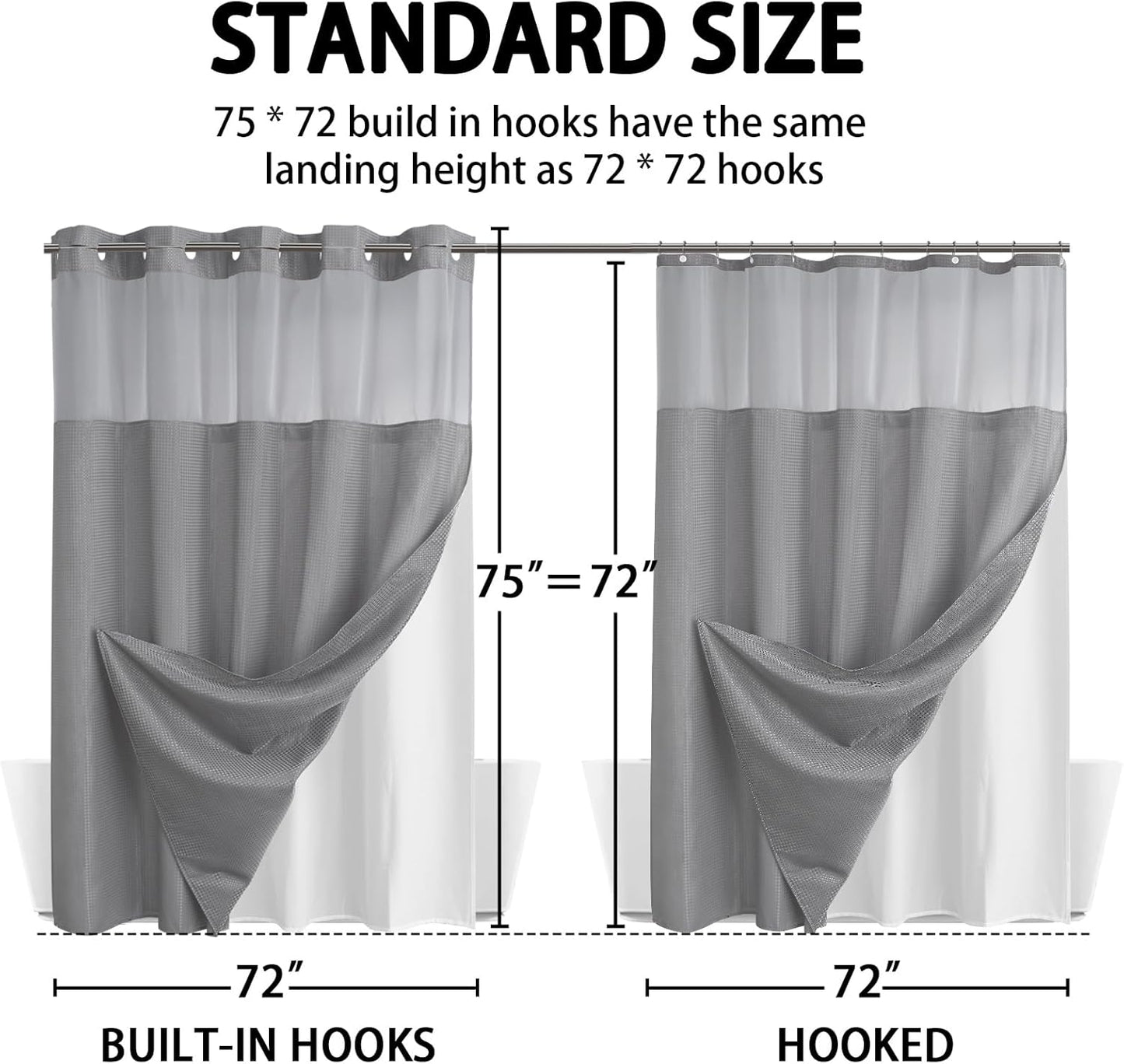 YellyHommy No Hook Shower Curtain with Snap in Liner Set Less Time Grey Waffle Shower Curtain for Bathroom 75" L x 72" W Gray