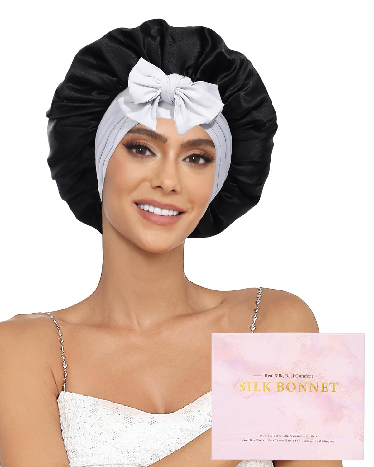 100% Mulberry Silk Bonnet for Sleeping Women Double Layer Silk Hair Bonnet Natural Silk Sleep Cap with Elastic Reversible Hair Wrap (Black+Silver Gray)