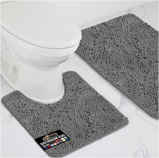 GORILLA GRIP Bathroom Rug Sets, Soft Chenille 2 Piece Area Rugs Set, Toilet Base Mat and 30x20 Carpet, Absorbent Microfiber Washable Mats Dry Quickly, Home Décor and Bath Room Accessories, Grey