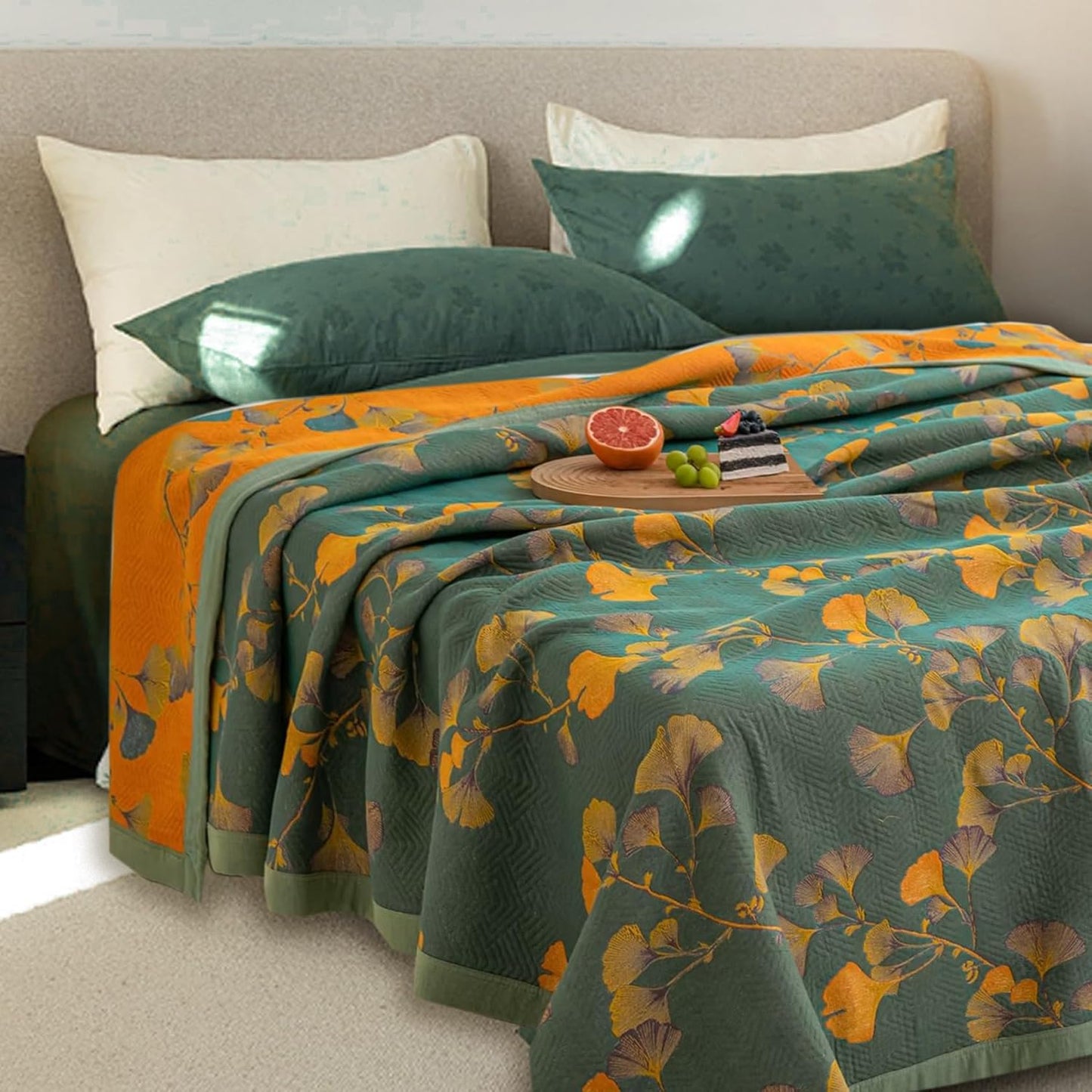 Ginkgo Leaf Quilt Queen Size Dark Green Orange Reversible Cotton Bedspread Coverlet for All Seasons Lightweight Muslin Quilt Throw Blanket for Bed, Couch