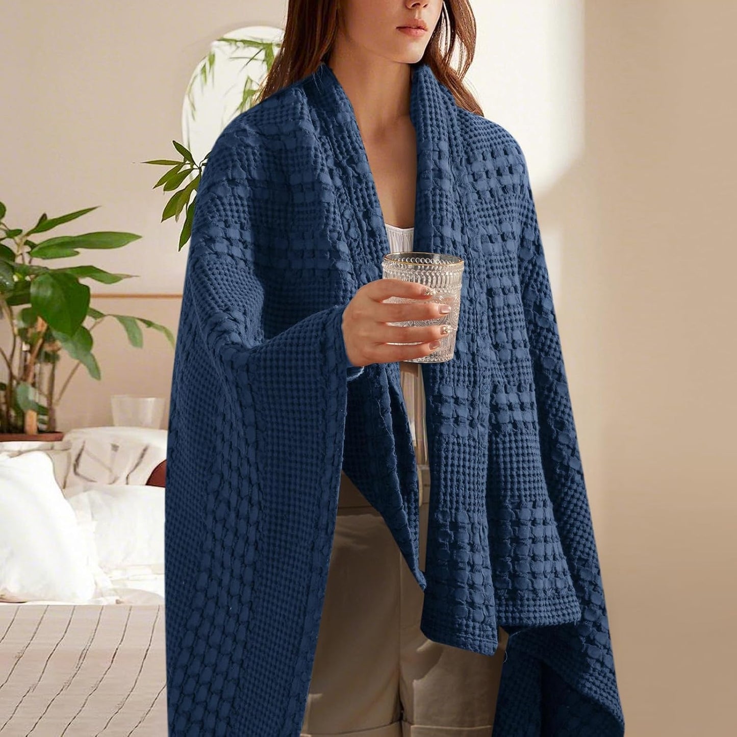 PHF 100% Cotton Waffle Weave Throw Blanket, Soft Lightweight Breathable Cozy Throws for Couch Bed Sofa, Luxury Aesthetic Woven Blanket for Home Decor & Office, 50"x60", Blue Sapphire