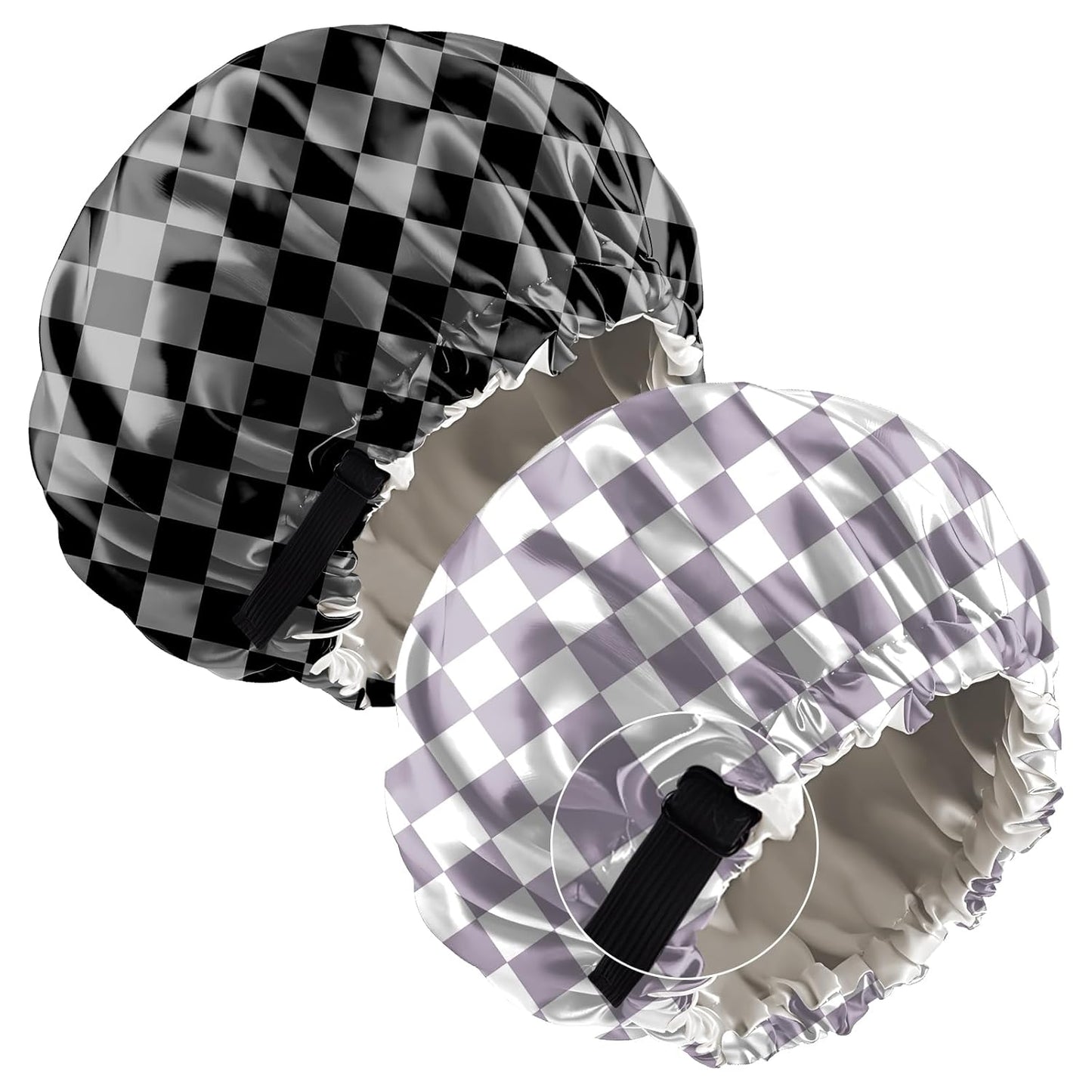 2 PCS Bonnets for Women Girls Satin Hair Bonnet Silk Adjustable Elastic Double Layer Hair Wrap Sleep Cap Comfort Cute-Purple Black Checkered