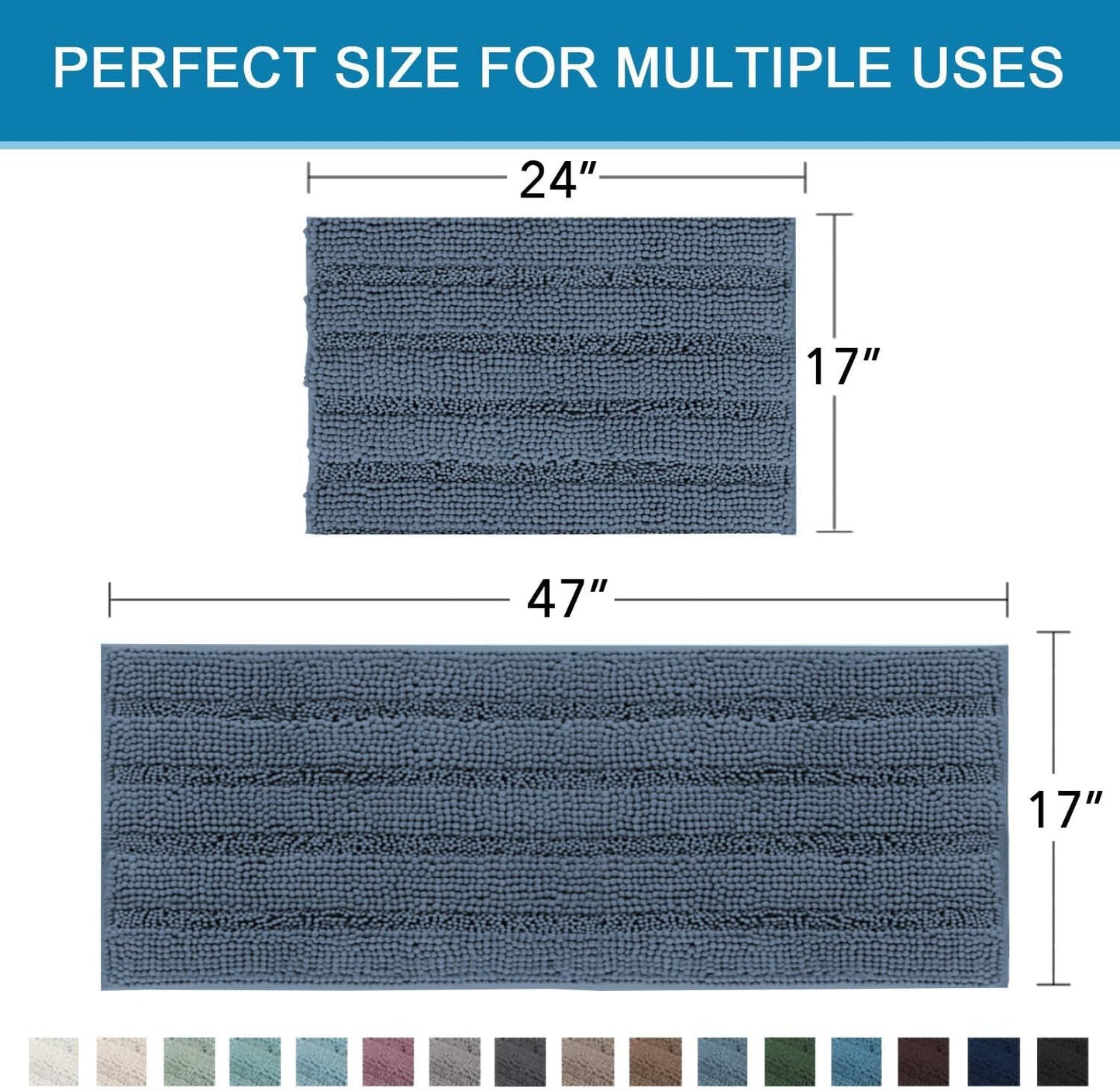 H.VERSAILTEX Bathroom Rug Sets 2 Piece Bath Mats Non Slip Thick Soft Chenille Striped Bath Rug achine Washable Shower Floor Rugs for Tub, Shower and Floor (Blue Indigo, 47" x 17"/17" x 24")