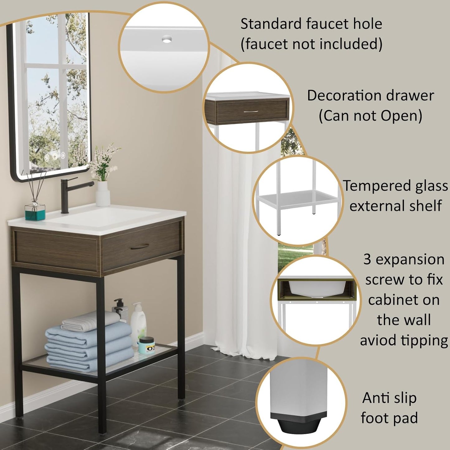 24 Inches Bathroom Vanity with Resin Sink, Single Sink Modern Cabinet Set, Stainless Steel Frame with Tempered Glass Open Shelf, Freestanding Bathroom Storage Cabinet Combo, Black