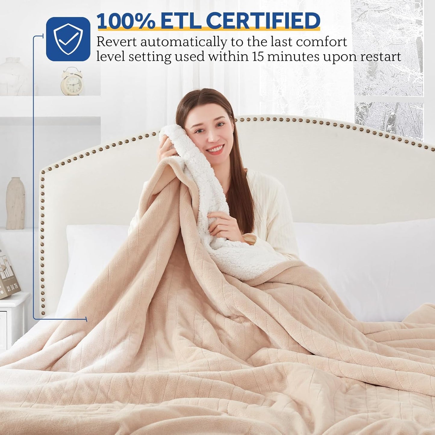 SEALY Electric Blanket King Size, Flannel & Sherpa Heated Blanket with 10 Heating Levels & 1-12 Hours Auto Shut Off, Fast Heating Warming Blanket, Machine Washable, Beige, 100 x 90 Inch