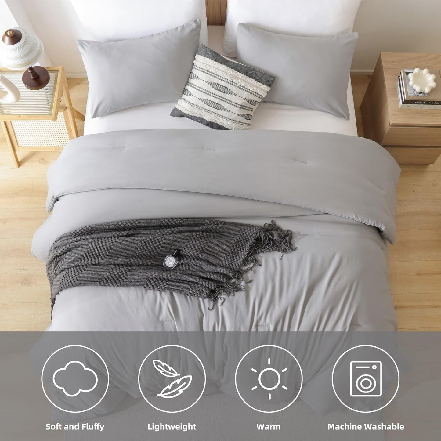 ROSGONIA Twin Comforter & Pillowcase Set, Lightweight Grey Bedding for College Girls & Boys