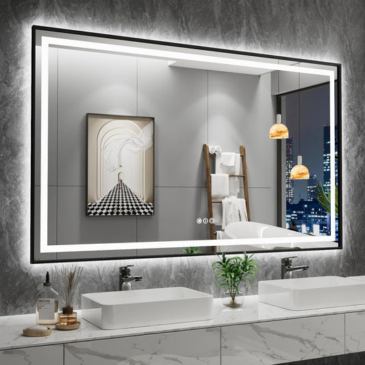 Amorho 60" X36" LED Bathroom Mirror Framed, Front Light and Backlit, Stepless Dimmable, Anti-Fog, Shatter-Proof, Memory, 3 Colors, Double LED Vanity Mirror