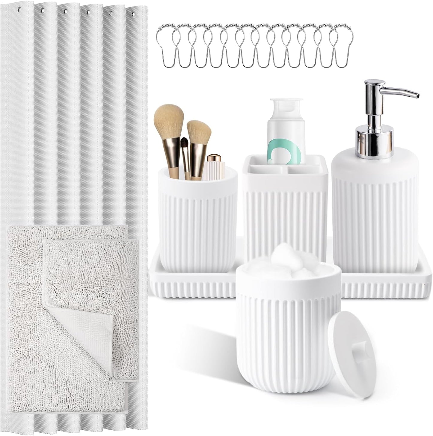 8-Piece White Bathroom Set - Resin Bathroom Accessories Sets Complete with Shower Curtain and Rugs, Soap Dispenser, Toothbrush Holder, Cup, Tray & Cotton Swab Jars