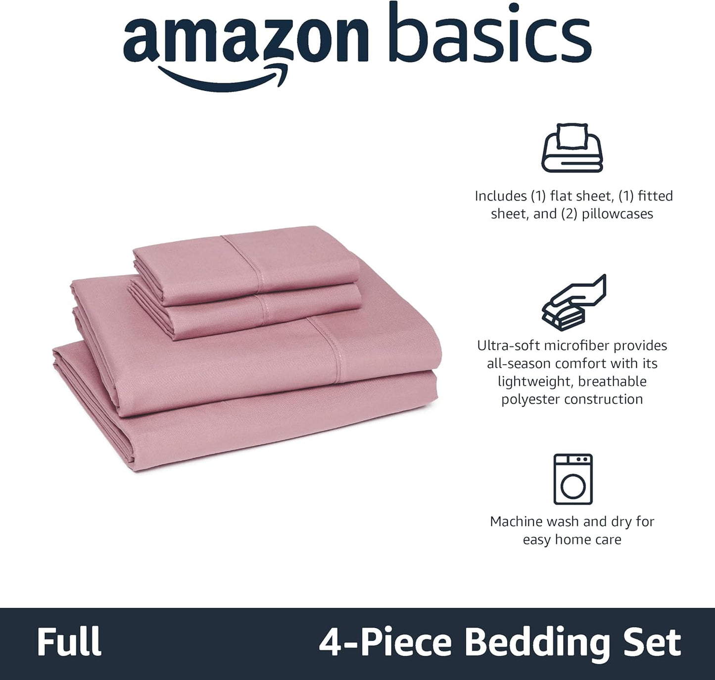 Amazon Basics Lightweight Microfiber 4-Piece Bed Sheet Set, Rose, Solid, Full