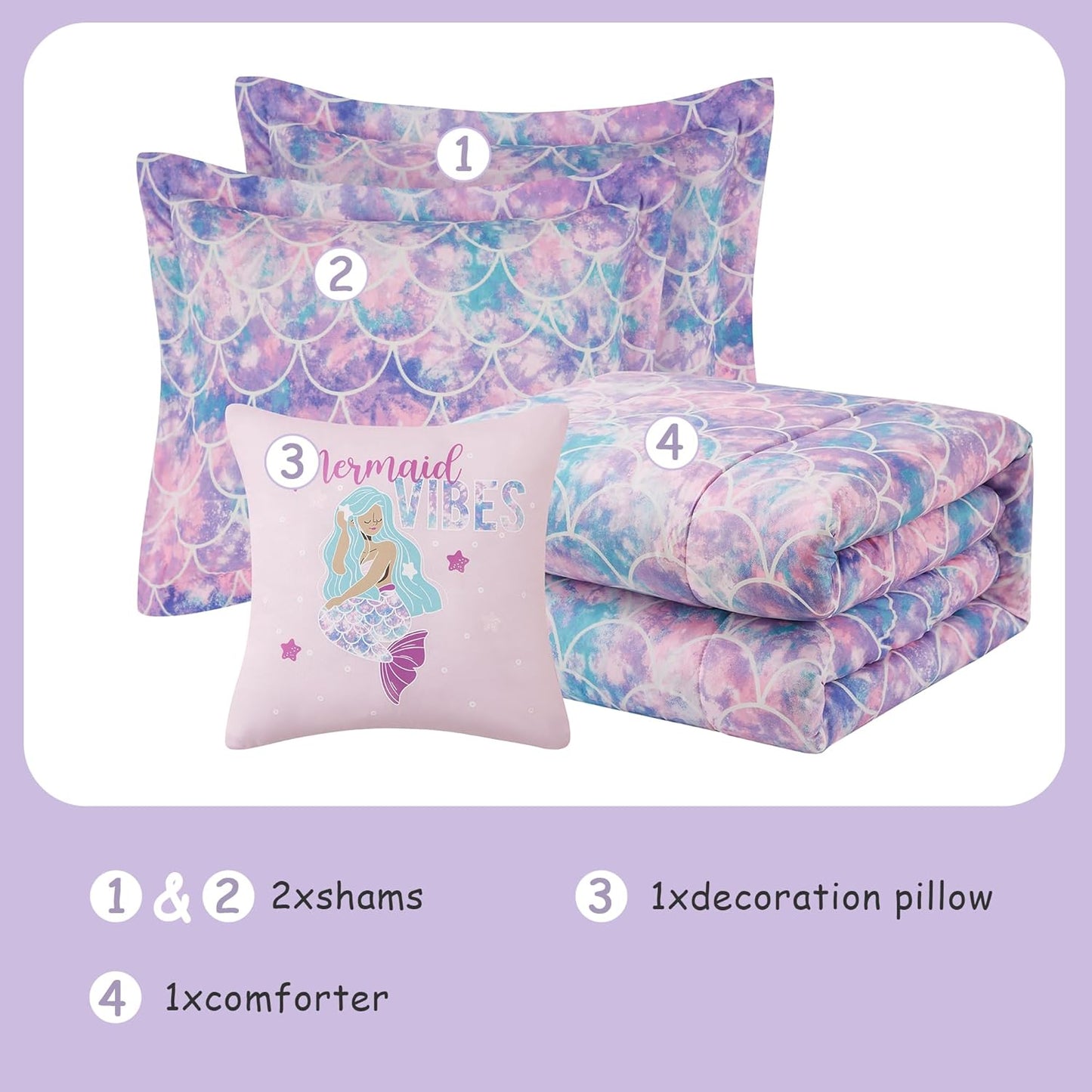 Kids Comforter Set Full Size for Girls, Glow in The Dark Mermaid Bedding Set 1 Comforter, 1 Decor Pillow, 2 Pillow Shams