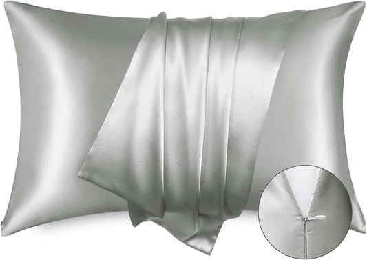 Bedsure Satin Pillowcase with Zipper, Similar to Silk Pillow Cases 2 Pack, Satin King Size Pillow Cases Set of 2, Silky & Soft Pillow Cover for Hair and Skin, Gifts for Women Men, Grey, 20x36 Inches