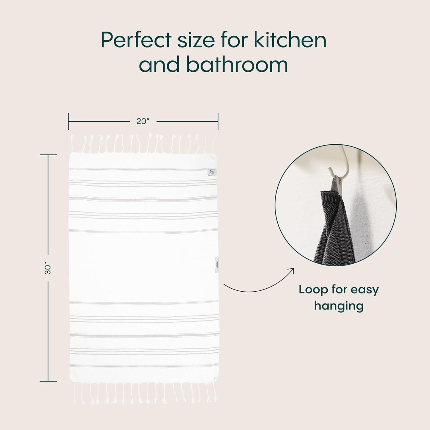 WETCAT Turkish Hand Towels with Hanging Loop, Set of 2 (20" x 30") 100% Turkish Cotton, Pre-Washed, Quick Drying, for Kitchen or Bathroom - Grey & White