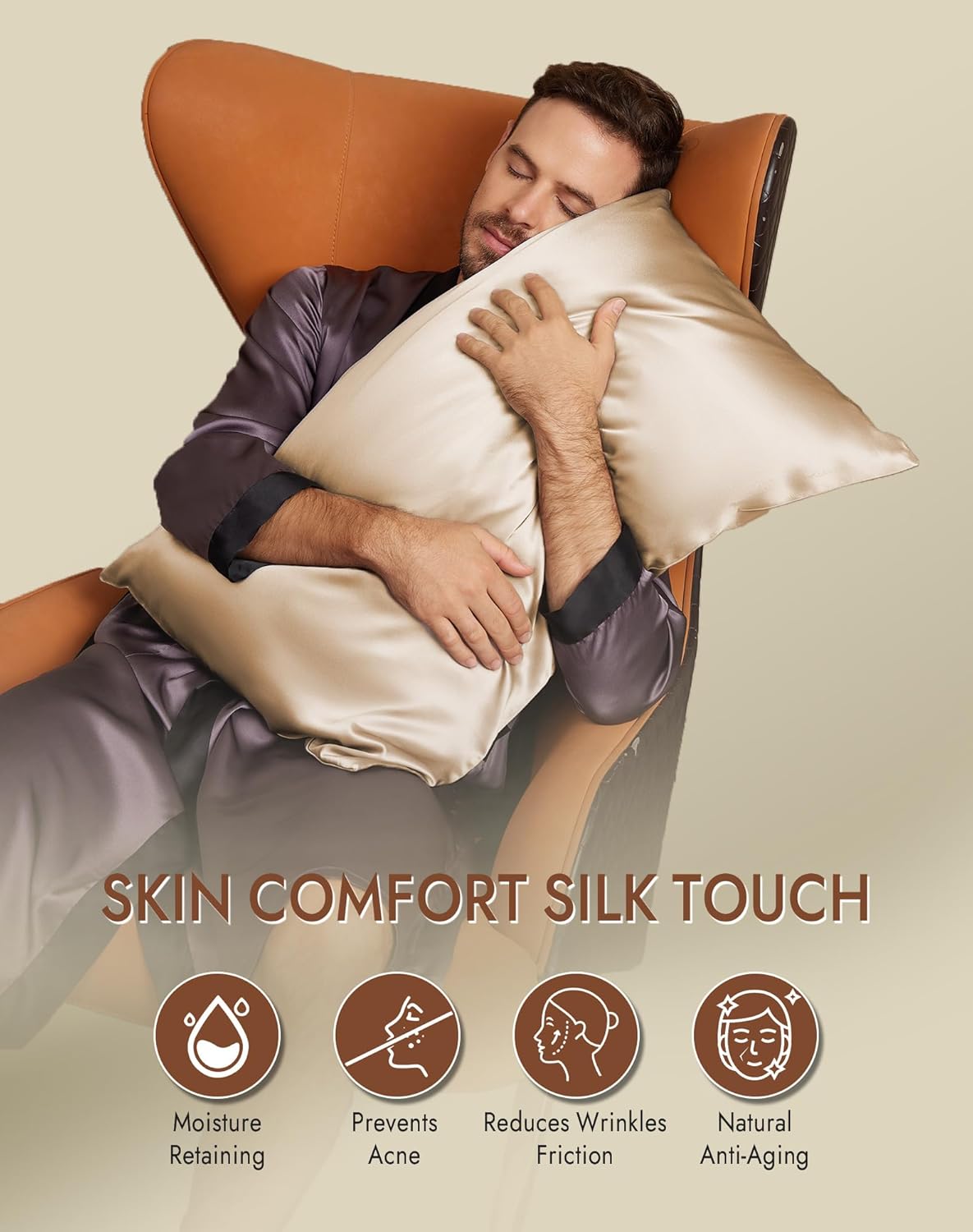 SilkSilky 100% Mulberry Silk Pillowcase - Pure 22 Momme High-Grade 6A Fibers for Hair & Skin, Envelope Closure, Natural, Organic, Breathable & Cooling Pillow Case (King, Beige)