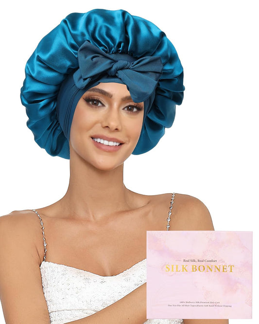 100% Mulberry Silk Bonnet for Sleeping Women Double Layer Silk Hair Bonnet Natural Silk Sleep Cap with Elastic Reversible Hair Wrap (Blue+Gray)