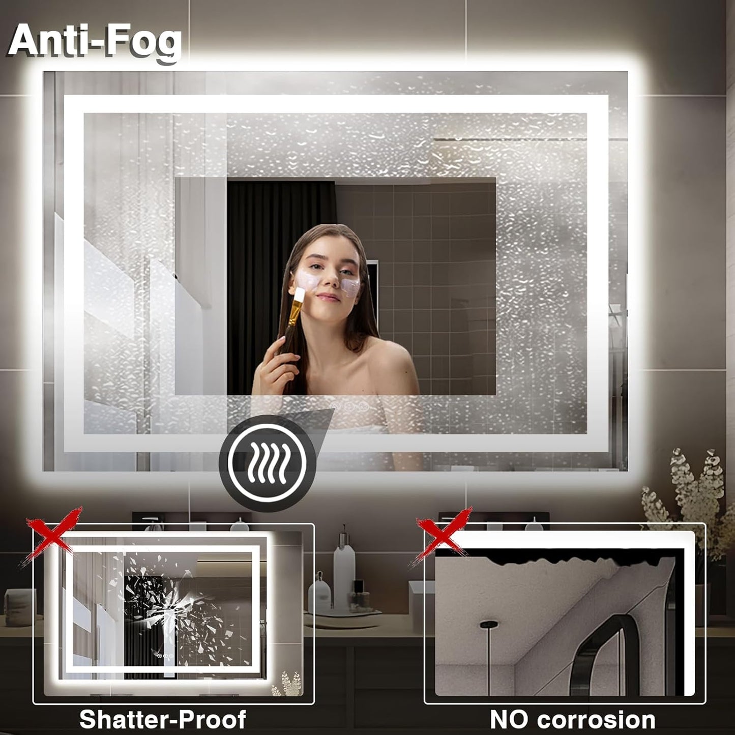 51"x40" Bathroom Light up Mirror, Double Bright Lights Mirror, Anti-Fog Vanity Mirror with Lights, Stepless Dimmable Illuminated, Touch Control, Waterproof (Horizontal/Vertical)