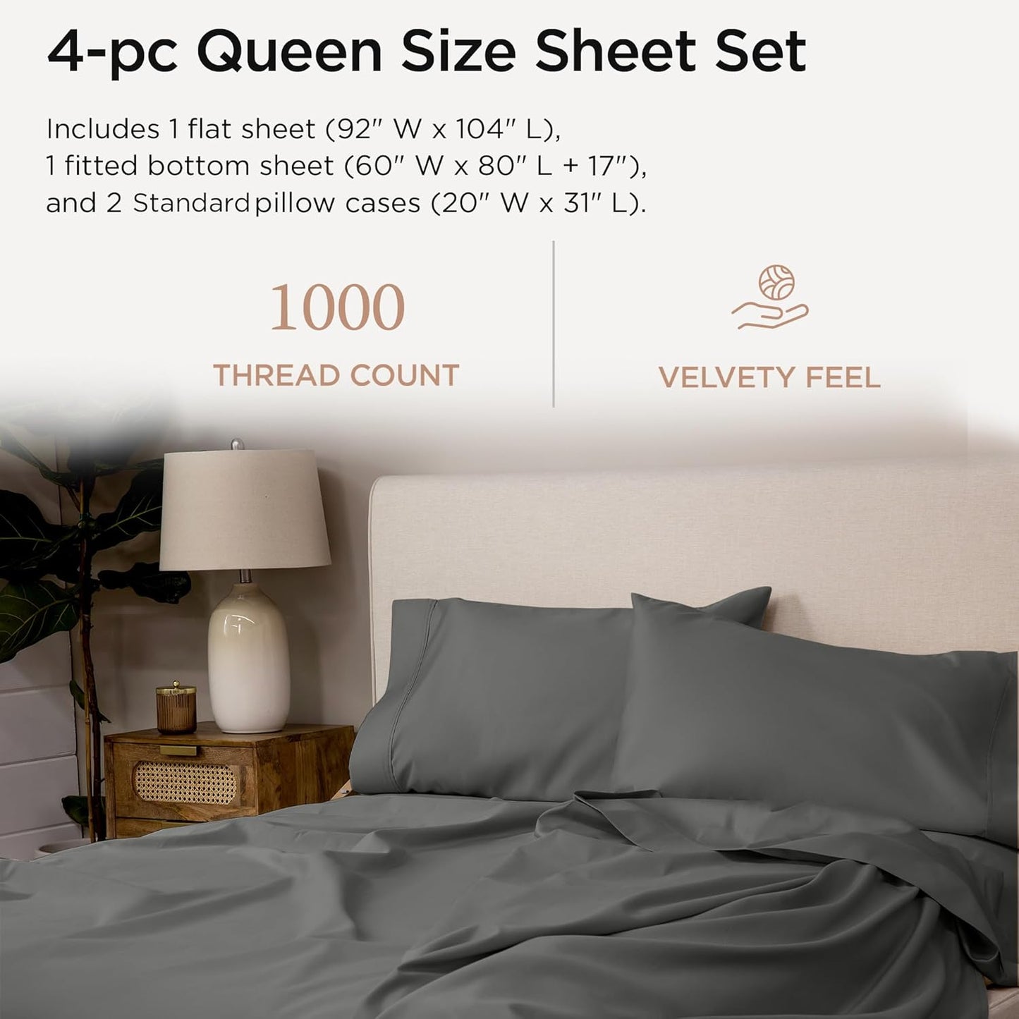 Threadmill Certified 100% American Supima Cotton Sheets, Queen Sheet Set, 1000 Thread Count, 4 Piece Luxury Bedding Set, Hotel Quality Sateen Weave, Dark Grey BedSheet with Elasticized Deep Pocket