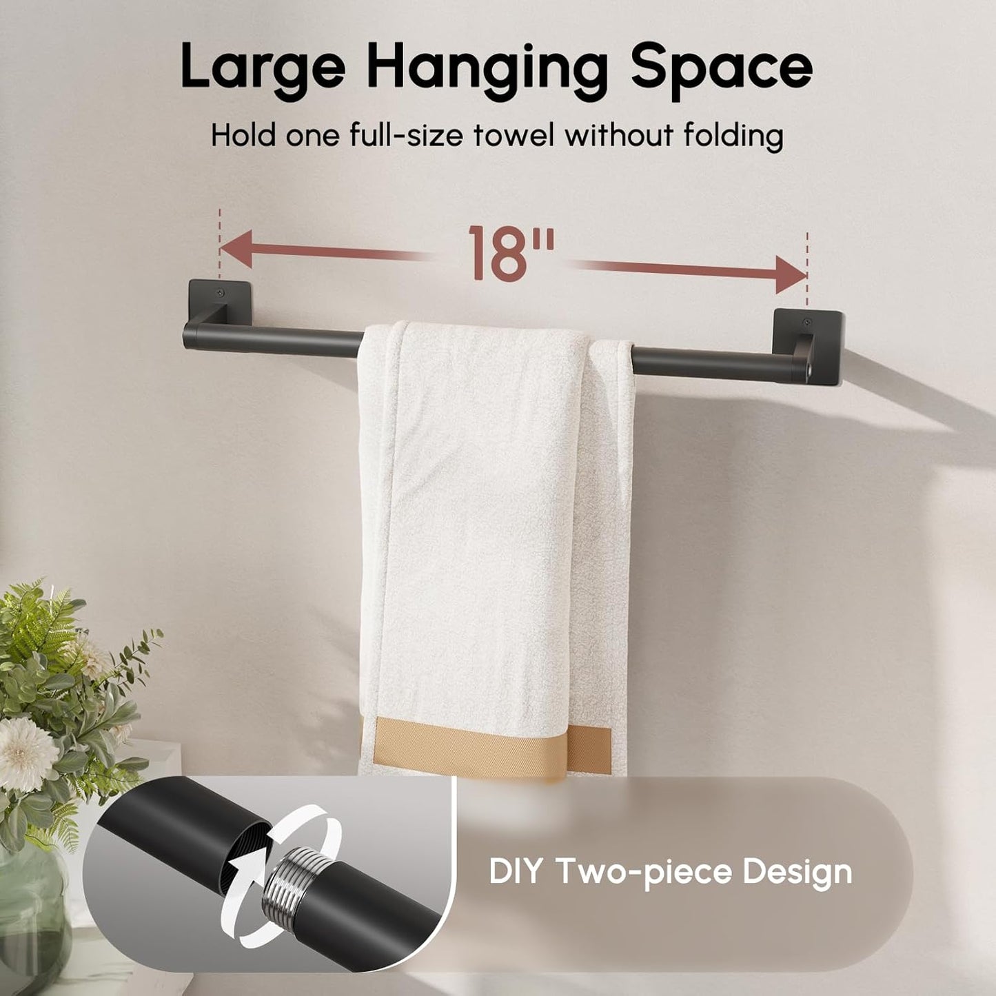 USHOWER Matte Black Towel Bar, 18 Inch Towel Racks for Bathroom Wall Mounted, Heavy Duty Stainless Steel Towel Holder, Easy Installation (Total Length 20 Inch)