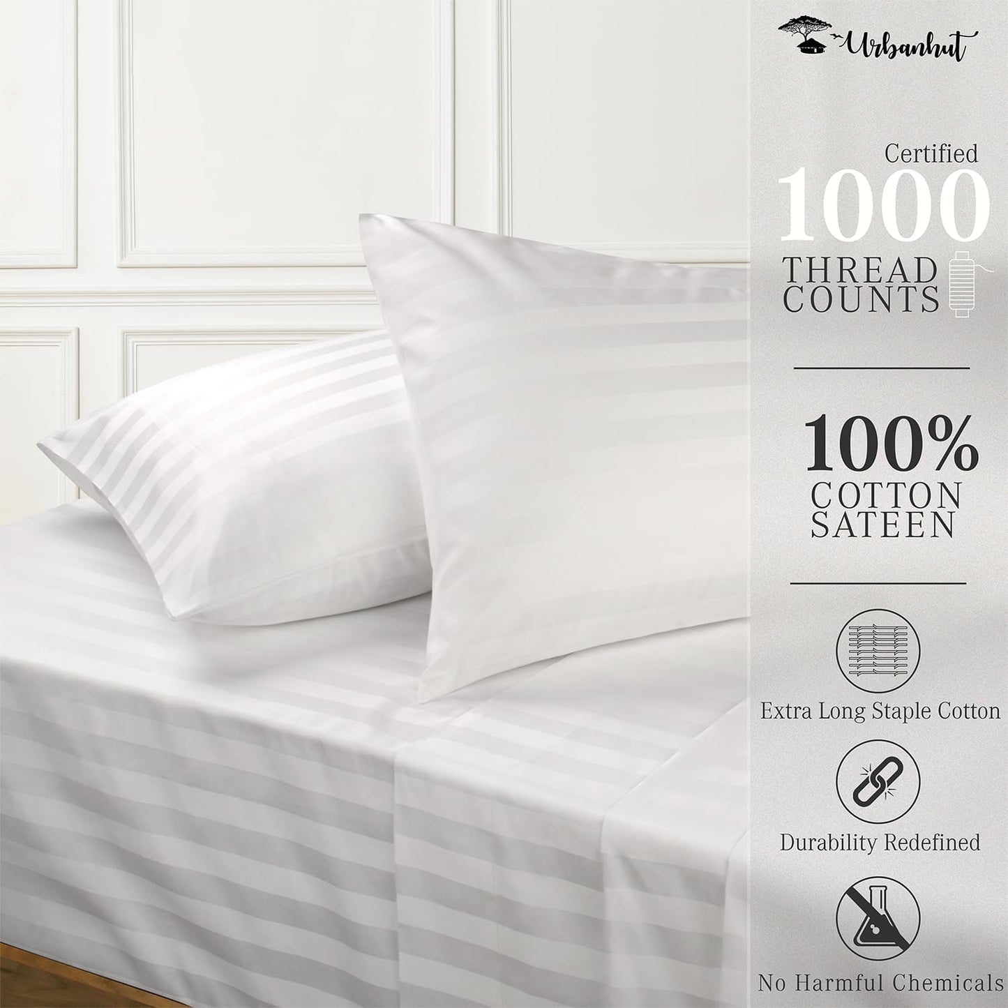 URBANHUT 1000 Thread Count Egyptian Cotton Sheets Damask Striped Queen Size, Long Staple Soft & Breathable, 4 Pc Bed Sheet Sets, Luxury Hotel Sateen Sheets Fits 16" Deep Pocket - White