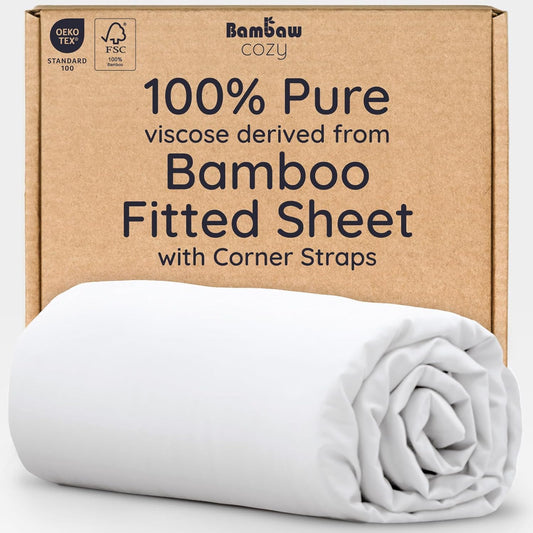 Bambaw White Queen Fitted Sheet with Elastic Corner Straps, 100% Viscose Derived from Bamboo, 16'' Deep Pocket, Queen Size