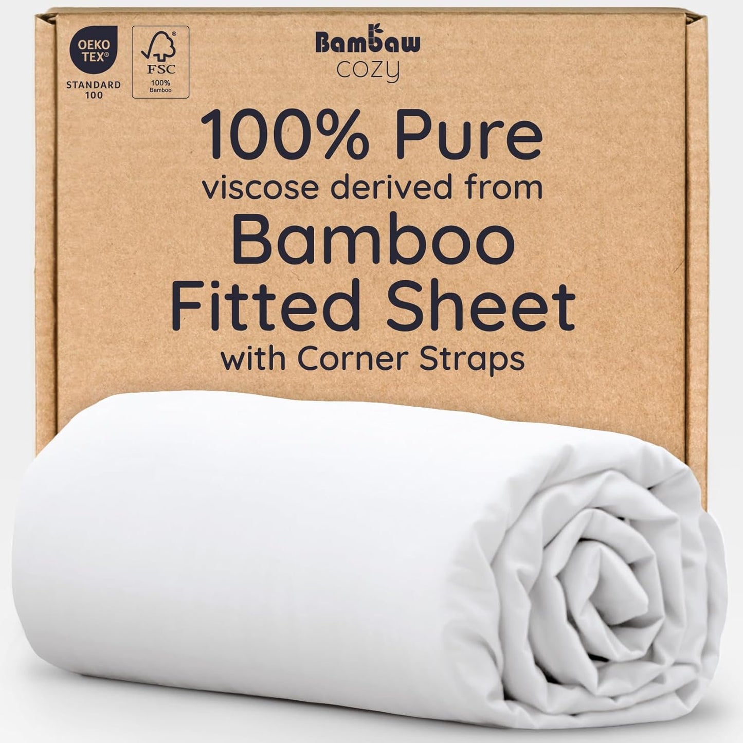 Bambaw 100% Viscose Derived from Bamboo Fitted Sheet Twin Size, 15’’ Deep Pocket Twin White Fitted Sheet Only, Cooling Fitted Sheet Twin Size, Breathable & Soft Fitted Sheet with Corner Straps (White)