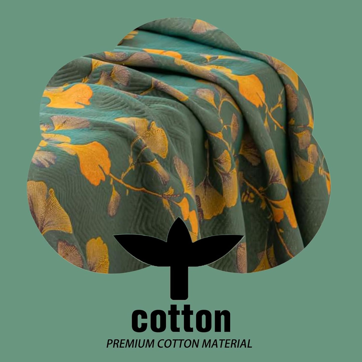 Ginkgo Leaf Quilt Queen Size Dark Green Orange Reversible Cotton Bedspread Coverlet for All Seasons Lightweight Muslin Quilt Throw Blanket for Bed, Couch