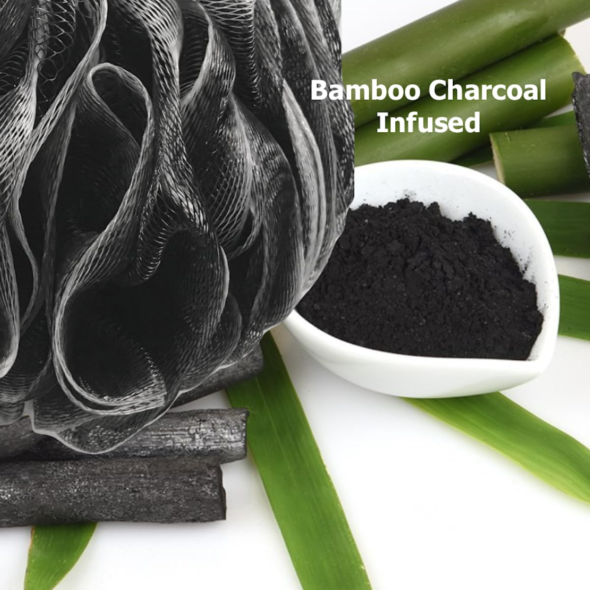 SHOWER BOUQUET Loofah-Charcoal Back-Scrubber & Bath-Sponge Set // 1 Long-Handle-Back-Brush Plus 2 Extra Large 75g Soft Mesh Loofa-Lufa-Loufa Puff Poufs, Men & Women - Exfoliate with Full Pure Cleanse