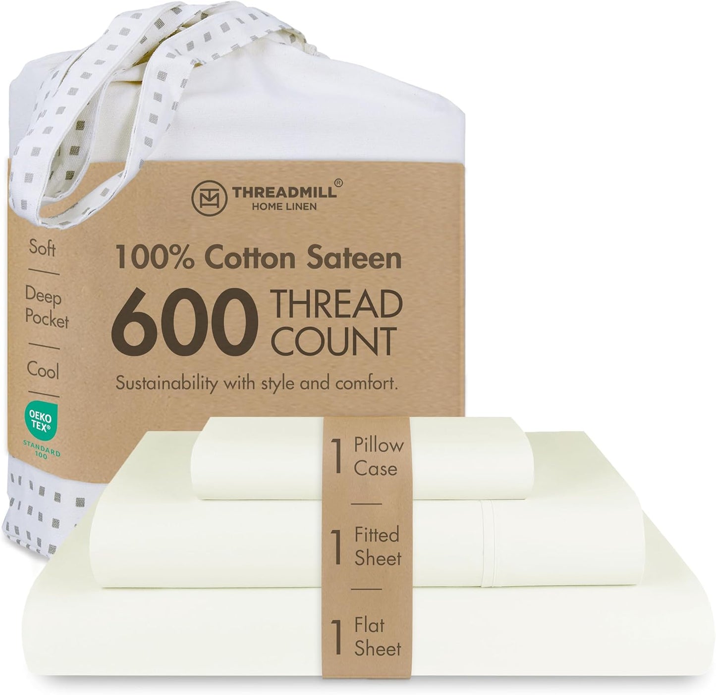Threadmill 100% Cotton Sheets for Twin Size Bed - 600 Thread Count Twin Bed Sheets Set with 15” Deep Pocket - Sateen Weave 3-Piece Bedding Set with Cooling Effect, Ivory