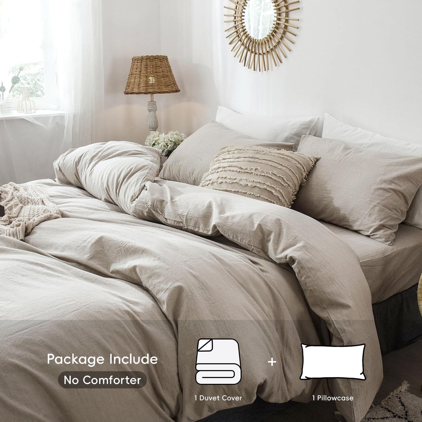 MooMee Bedding Duvet Cover Set 100% Washed Cotton Linen Like Textured Breathable Durable Soft Comfy (Heathered Tannish Linen Grey, Twin 68"x90")