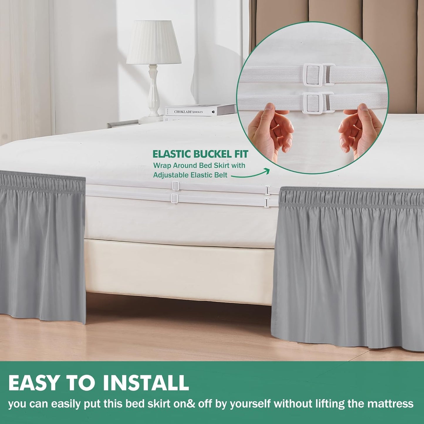 Biscaynebay Wrap Around Bed Skirts with Split Corners for Queen Beds 17" Drop, Silver Grey Elastic Dust Ruffles Adjustable Easy Fit Wrinkle & Fade Resistant Silky Luxurious Fabric Machine Washable