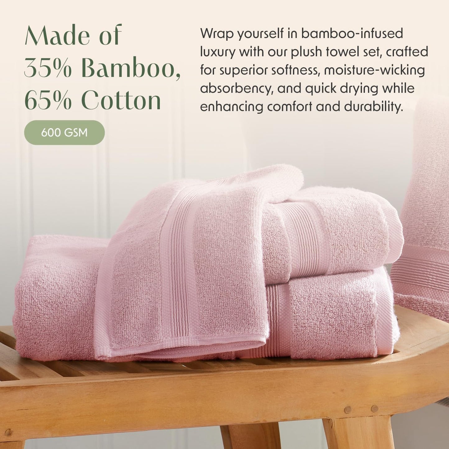 Springtree Home Luxury Bamboo Rayon Bath Towel Set of 4 | 35% Bamboo Rayon - 65% Cotton | Absorbent Quick-Dry Towels for Bathroom | Oeko-TEX Standard 100 Cotton | Pink Shadow