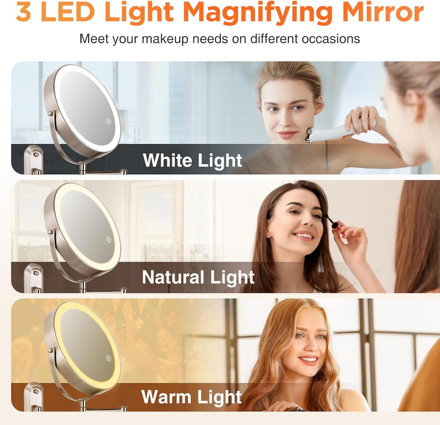15x Wall Mounted Makeup Mirror, 8" Rechargeable Double-Sided Magnifying Mirror, 3 Color Lights for Makeup,365°Swivel for Shaving - Nickel