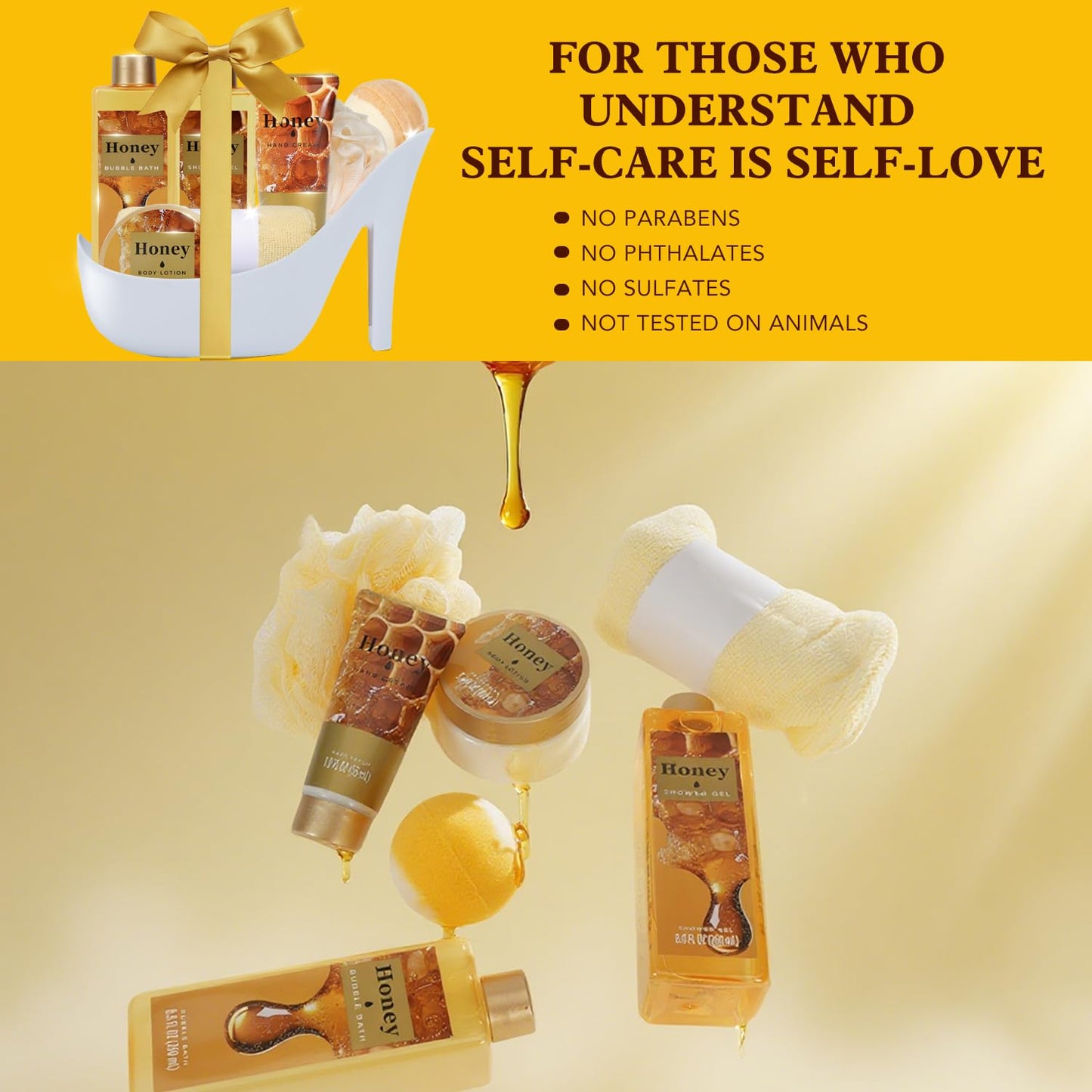 Christmas Gifts for Women, Honey Spa Gift Basket for Women, Bath Set with Golden Bath Bombs & Skin-Repairing Butter, Anniversary Gifts for Her, Wife, Girlfriend