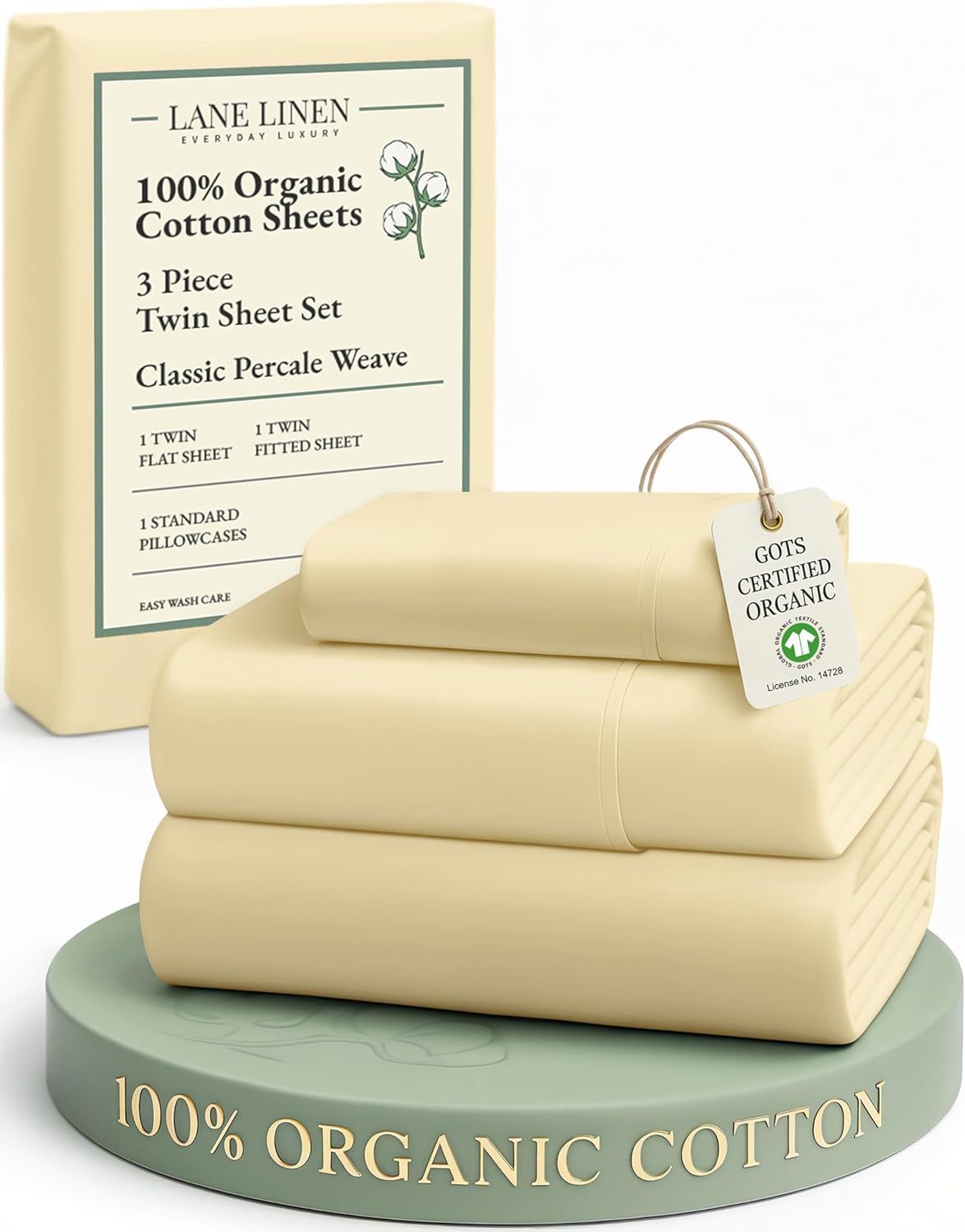 LANE LINEN 100% Organic Cotton Twin Bed Sheet Set, Soft, Comfy & Breathable Hotel Style Percale Bedding Sheets & Pillowcases Set, Mercerized Cotton Fully Elasticized Sheets Twin- Vanilla