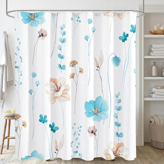 Gibelle Watercolor Floral Shower Curtain, Light Blue Beige Flower Shower Curtain for Bathroom, Modern Minimalist Waterproof Fabric Shower Curtain Set with Hooks 72x72 Inch