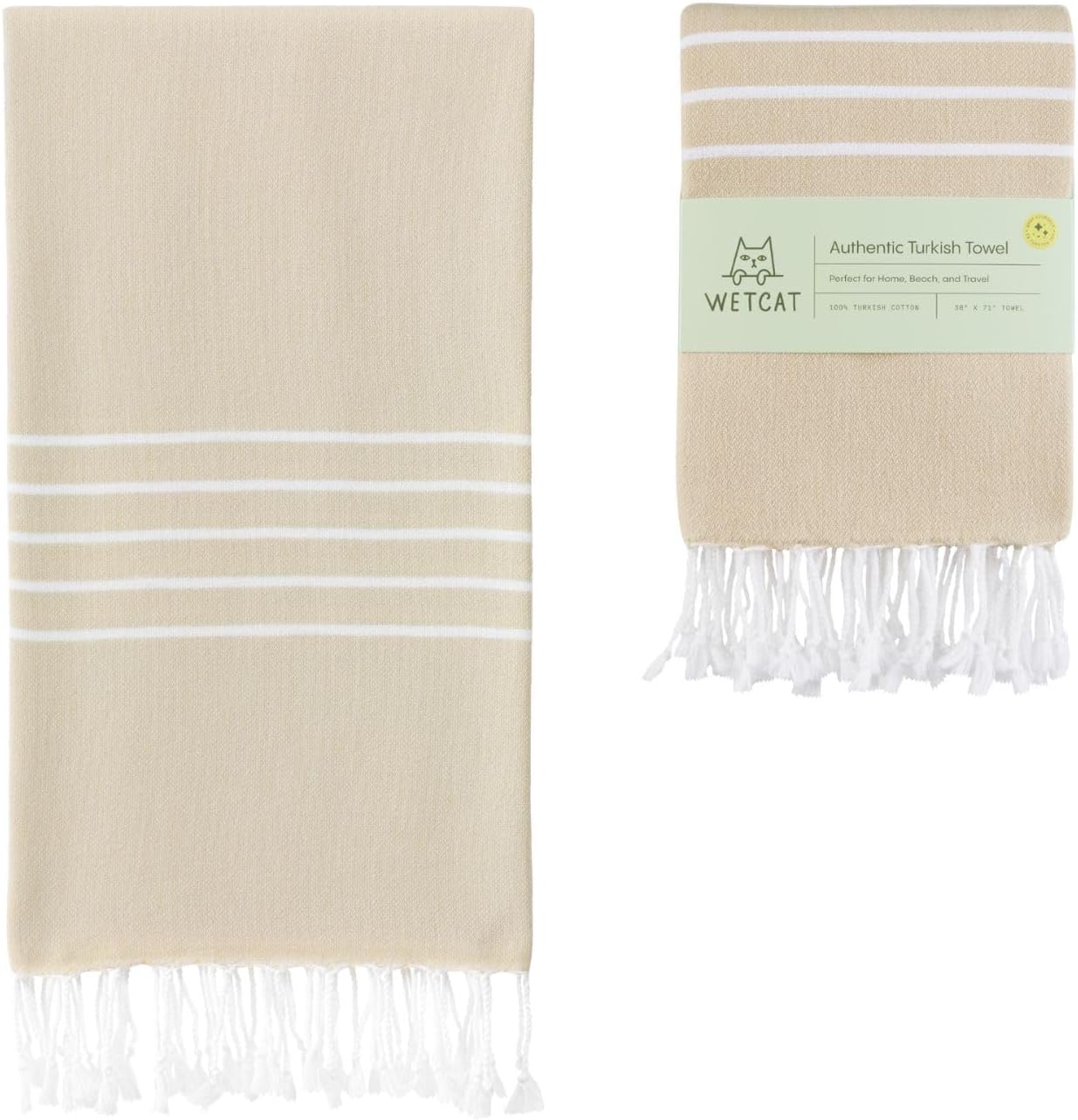 WETCAT Turkish Beach Towel Oversized (38"x71") 100% Turkish Cotton, Made in Turkey - Sand Free, Extra Large, Ultra Soft, Quick Drying, Compact & Lightweight for Travel - Sand