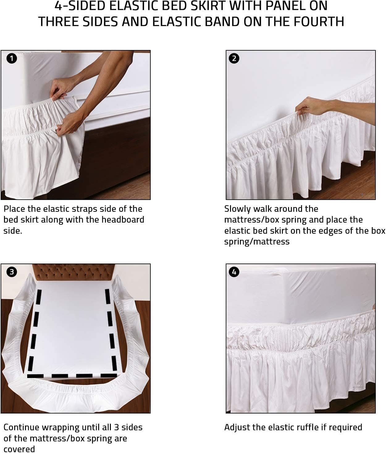 MEILA Wrap Around Bed Skirt Three Fabric Sides Elastic Dust Ruffled 18 Inch Tailored Drop,Easy to Install Fade Resistant-White, Twin/Full