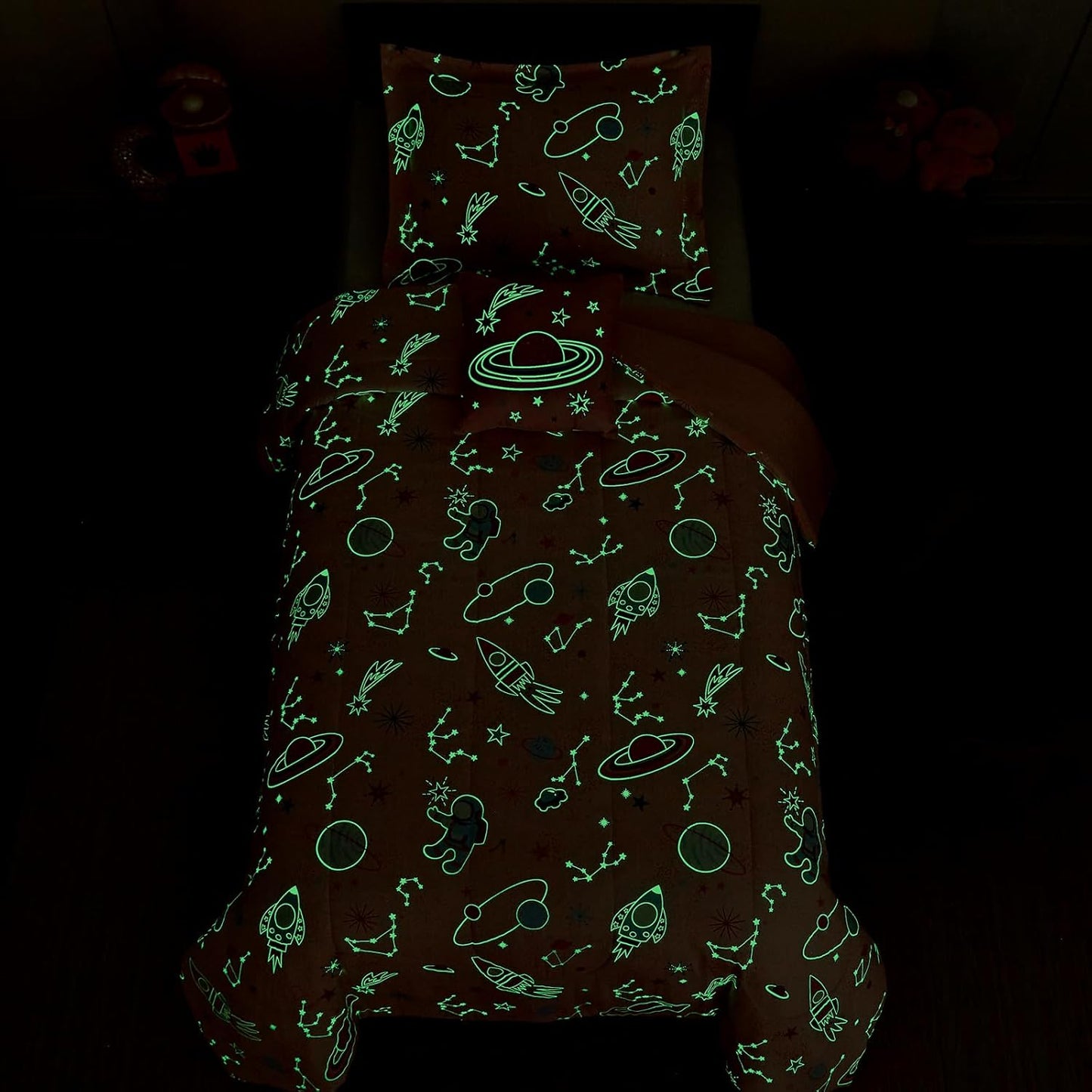 Twin Comforter Set for Girls-3 Pieces Space Glow in The Dark Twin Bedding Sets for Kids,1 Comforter,1 Sham and 1 Decor Pillow