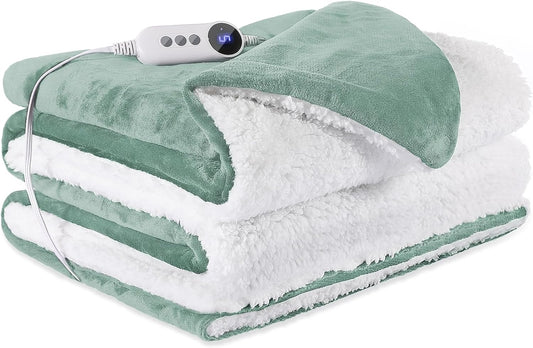 Electric Heated Blanket Throw 50"x60" - Soft Cozy Flannel & Sherpa Fabric Dual-Sided, 9 Heat Settings & 2-10 Hours Auto Off, Warming Heated Throw for Home Office, Machine Washable, Green