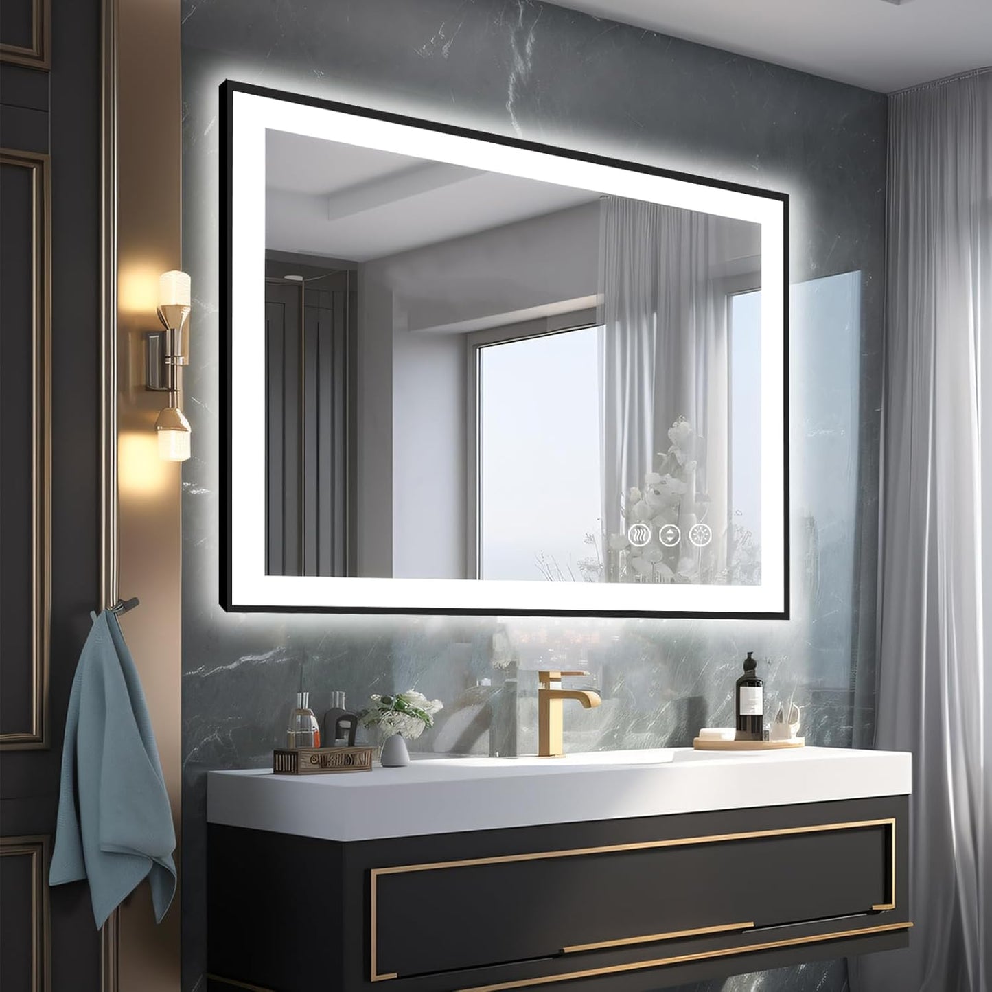 40x30 LED Bathroom Mirror, Black Aluminum Framed, Backlit + Front-Lit, 3 Colors Temperature Changeable, Dimmable Vanity Mirror, Tempered Glass, Defog, Waterproof, Memory (Horizontal/Vertical)