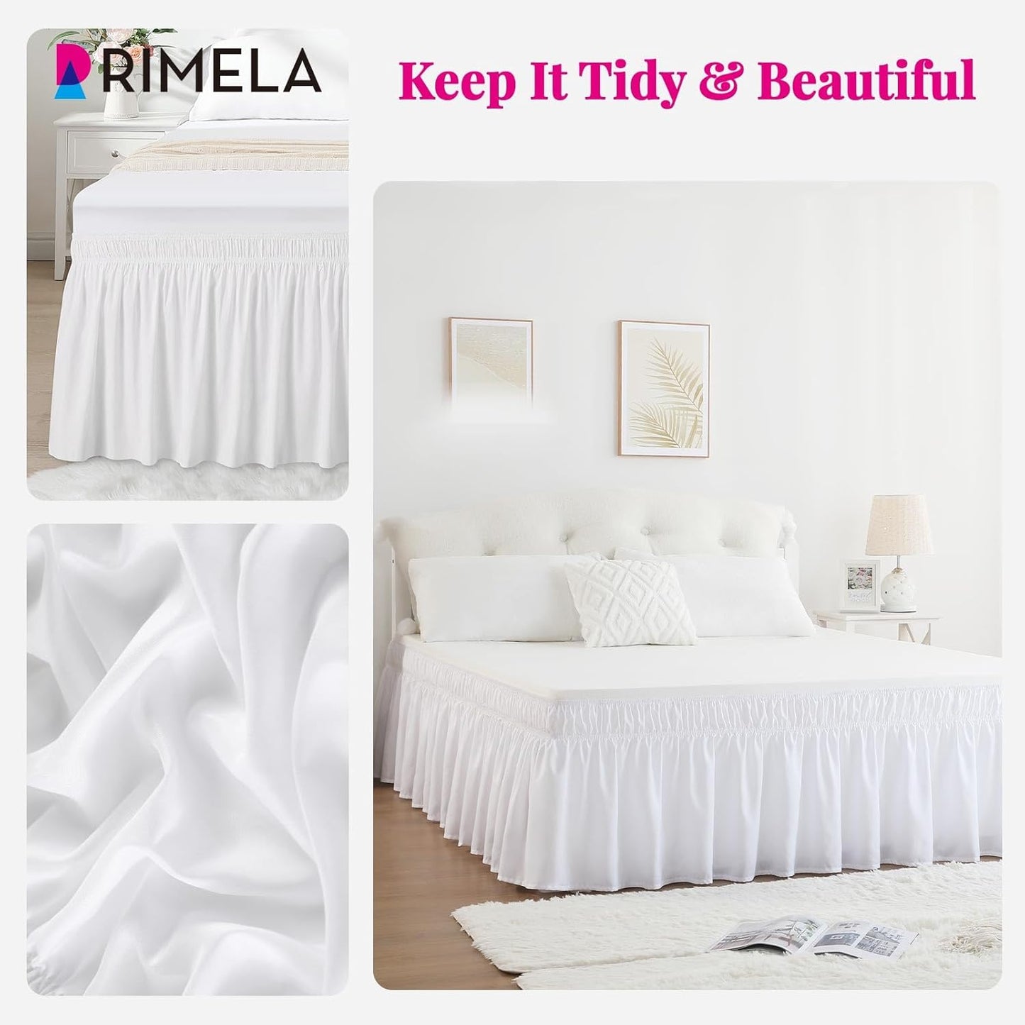 RIMELA White Bed Skirt King Size 18 Inch Drop, Elastic Bed Skirting for Bed Base and Frame, Bedding Dust Ruffle Easy to Install, Lightweight Wrap Around Adjustable Bedskirt