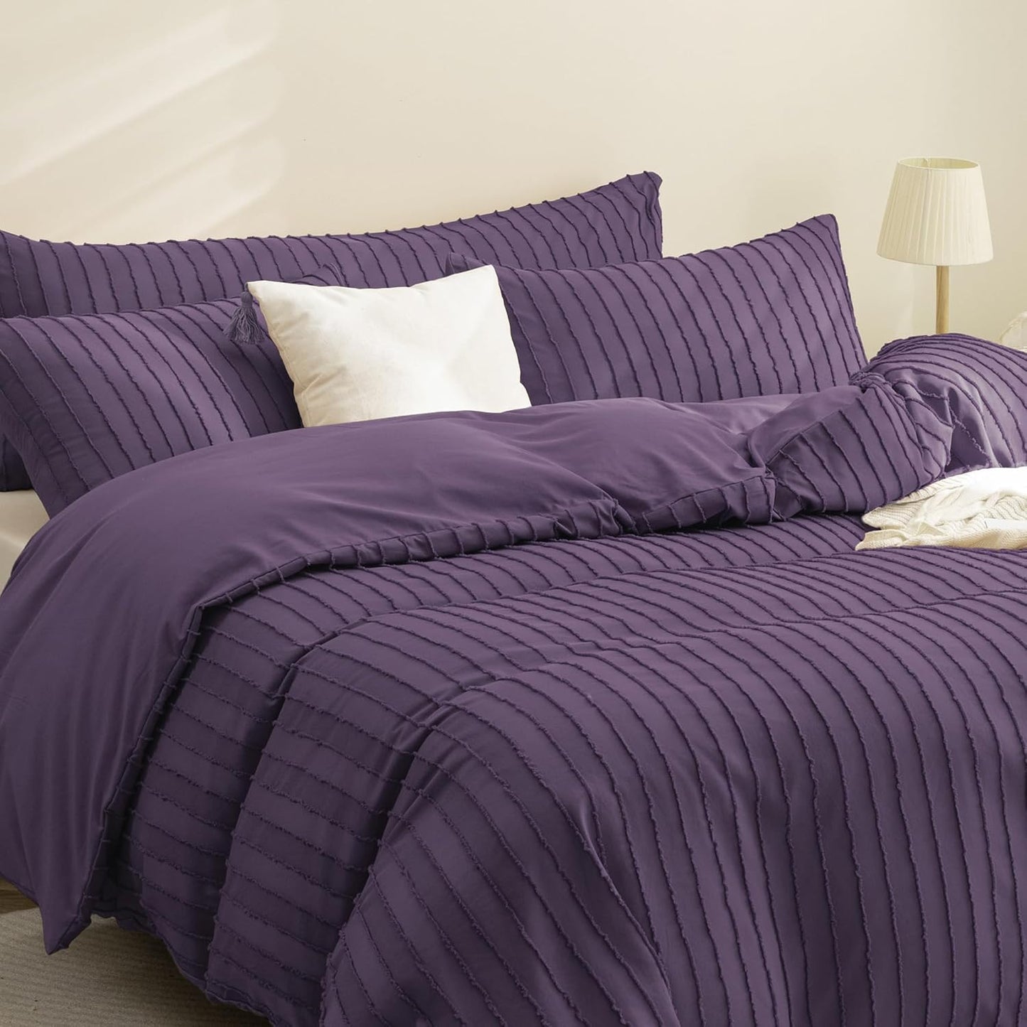 JELLYMONI Duvet Cover Full Size Purple - 3PCS Boho Striped Duvet Cover Set Polyester Tufted Bohemian Textured Comforter Cover 80×90in with Corner Ties & Zipper and 2 Pillowcases