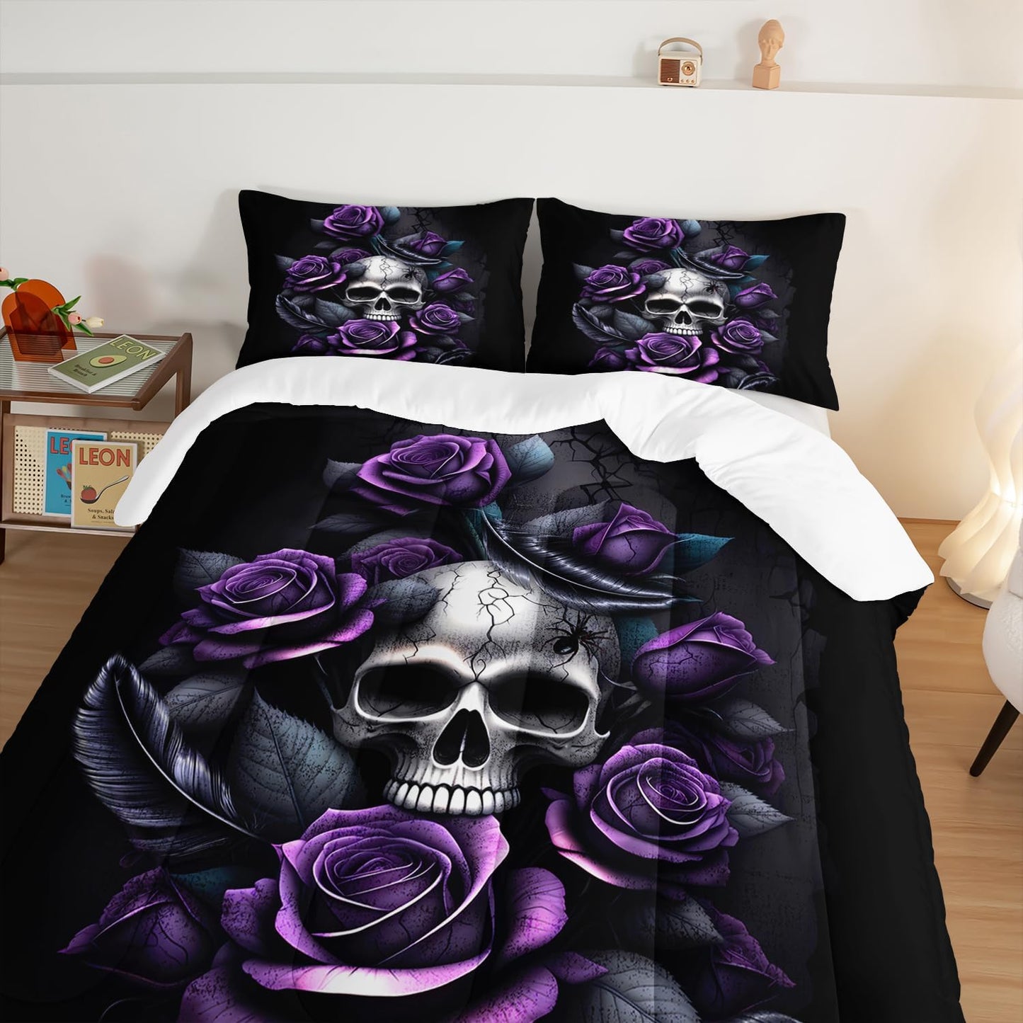Death Skull Heads King Size Comforter Sets,Horror Themed Gothic Bedding for Kids Teens Boys Room Decor,Mysterious Floral Spider Western Comforter Sets with 2 Pillowcases.