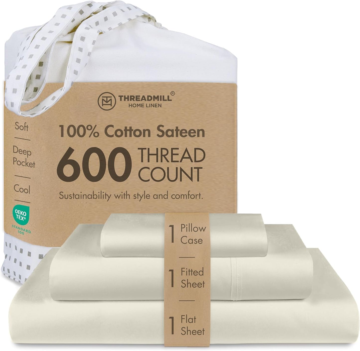 Threadmill Sheets for Twin XL Mattress | 600 Thread Count Twin XL Bed Sheets Set with 15” Deep Pocket | Sateen Weave 3-Piece Bedding Set with Cooling Effect | Taupe