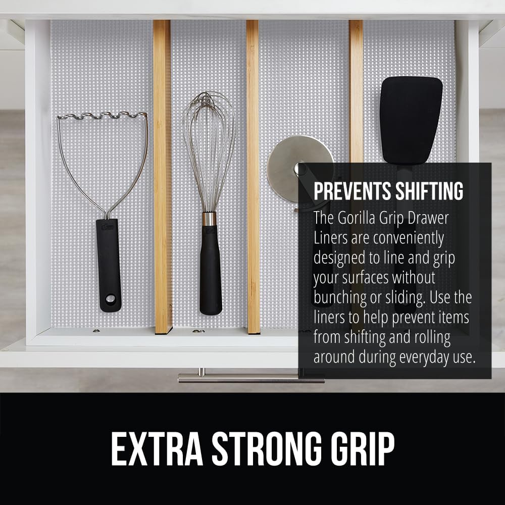 GORILLA GRIP powerGRIP Drawer Shelf and Cabinet Liner, Thick Strong Hold, Non-Adhesive Liners Protect Kitchen Cabinets and Cupboard, Bathroom Drawers, Easy Install, Breathable Mat, 12" x30' Light Gray