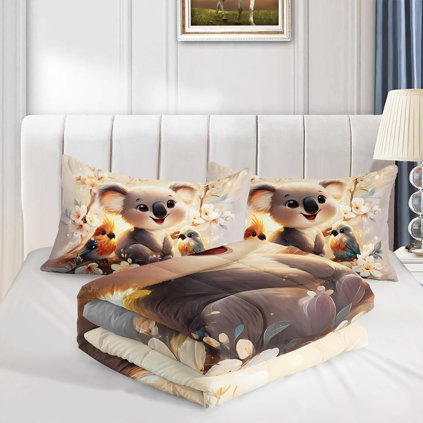 Kawaii Koala Bedding Set,Cartoon Koala Parrot Floral Pattern Queen Size Bed Set for Kids Girls Boys Room Decor,Cute Beddings with 2 Pillowcases.