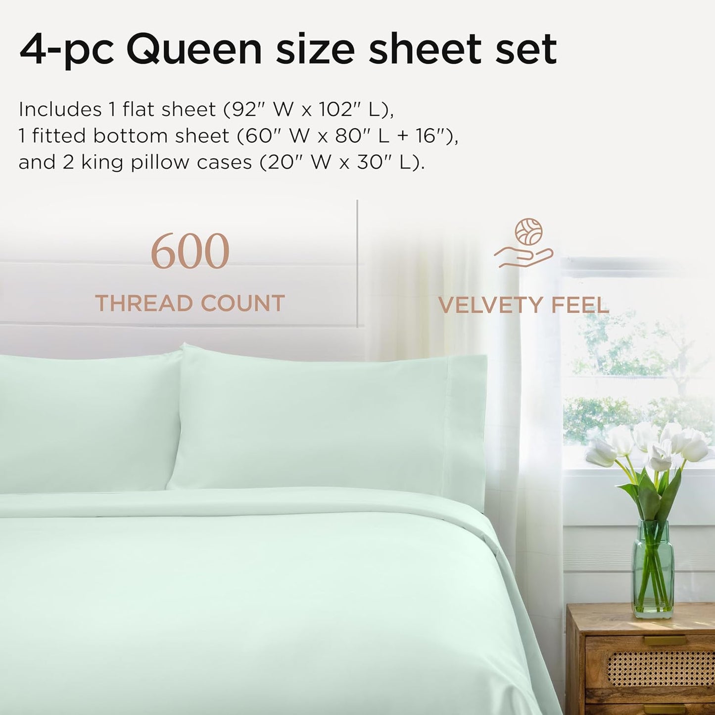 Threadmill Queen Sheet Set | 600 Thread Count Bed Sheets for Queen Mattress with 16” Deep Pocket | Sateen Weave 4-Piece Bedding Set with Cooling Effect | Seaglass